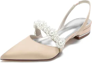 Women's Slingback Satin Wedding Flats Pearls Bridal Shoes Pointed Toe Prom Evening Bridal Party Dress Flats