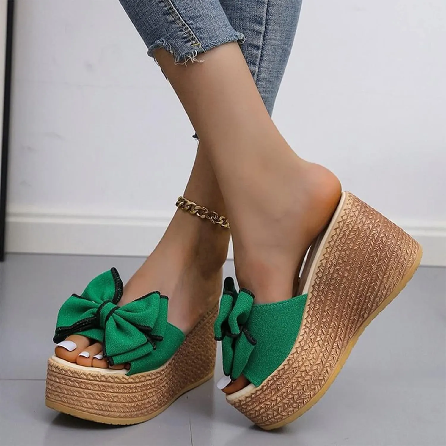 Women's Slip On Dressy Heel Sandals Summer Butterfly 2024 Platform Wedge Ladies Spring Espadrille Trendy Solid Beach