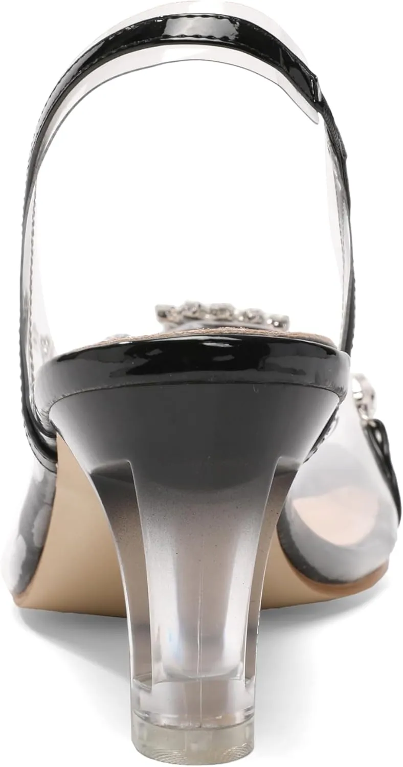 Womens Sparkly Clear Slingback Summer Sandals,Ladies Low Heel Trendy Dressy Casual Rhinestones Sexy Short Heel Glitter Evening Party Bridal Wedding Shoe