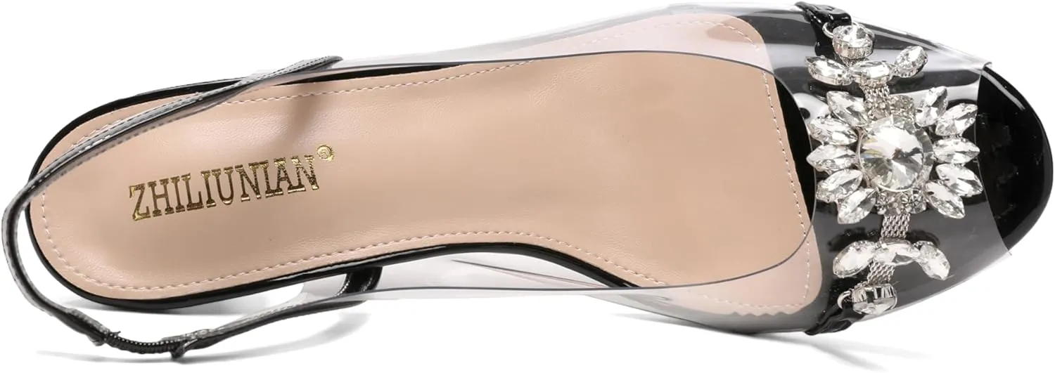 Womens Sparkly Clear Slingback Summer Sandals,Ladies Low Heel Trendy Dressy Casual Rhinestones Sexy Short Heel Glitter Evening Party Bridal Wedding Shoe