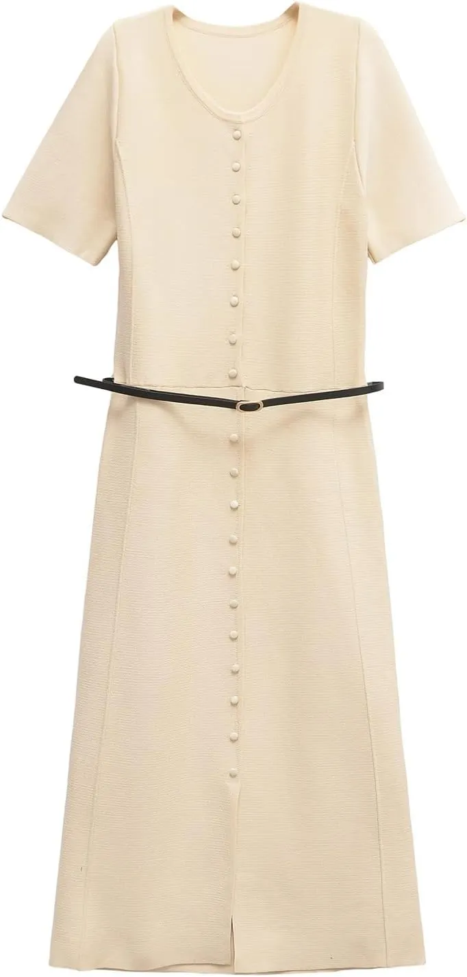 Women's Spring Round Neck Long Sleeve Midi Dress Simple Solid A-Line