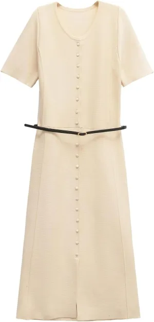 Women's Spring Round Neck Long Sleeve Midi Dress Simple Solid A-Line