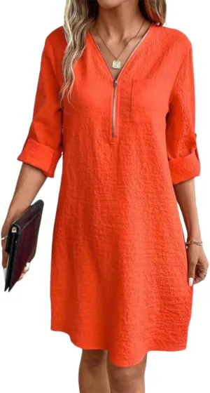 Womens Spring Summer Casual Adjustable 3/4 Sleeve V Neck Dress Beach Vacation Party Loose Mini Dress