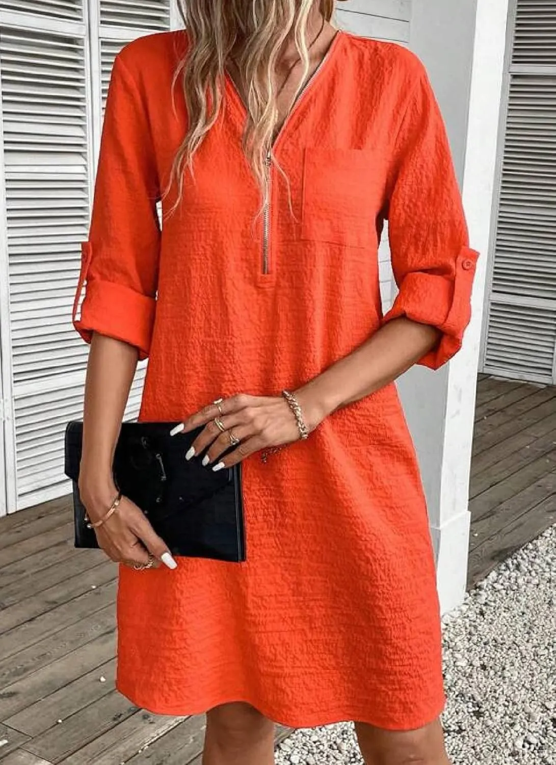 Womens Spring Summer Casual Adjustable 3/4 Sleeve V Neck Dress Beach Vacation Party Loose Mini Dress