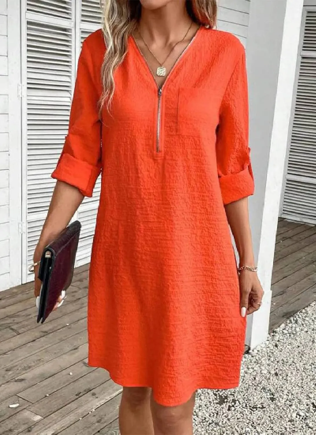 Womens Spring Summer Casual Adjustable 3/4 Sleeve V Neck Dress Beach Vacation Party Loose Mini Dress