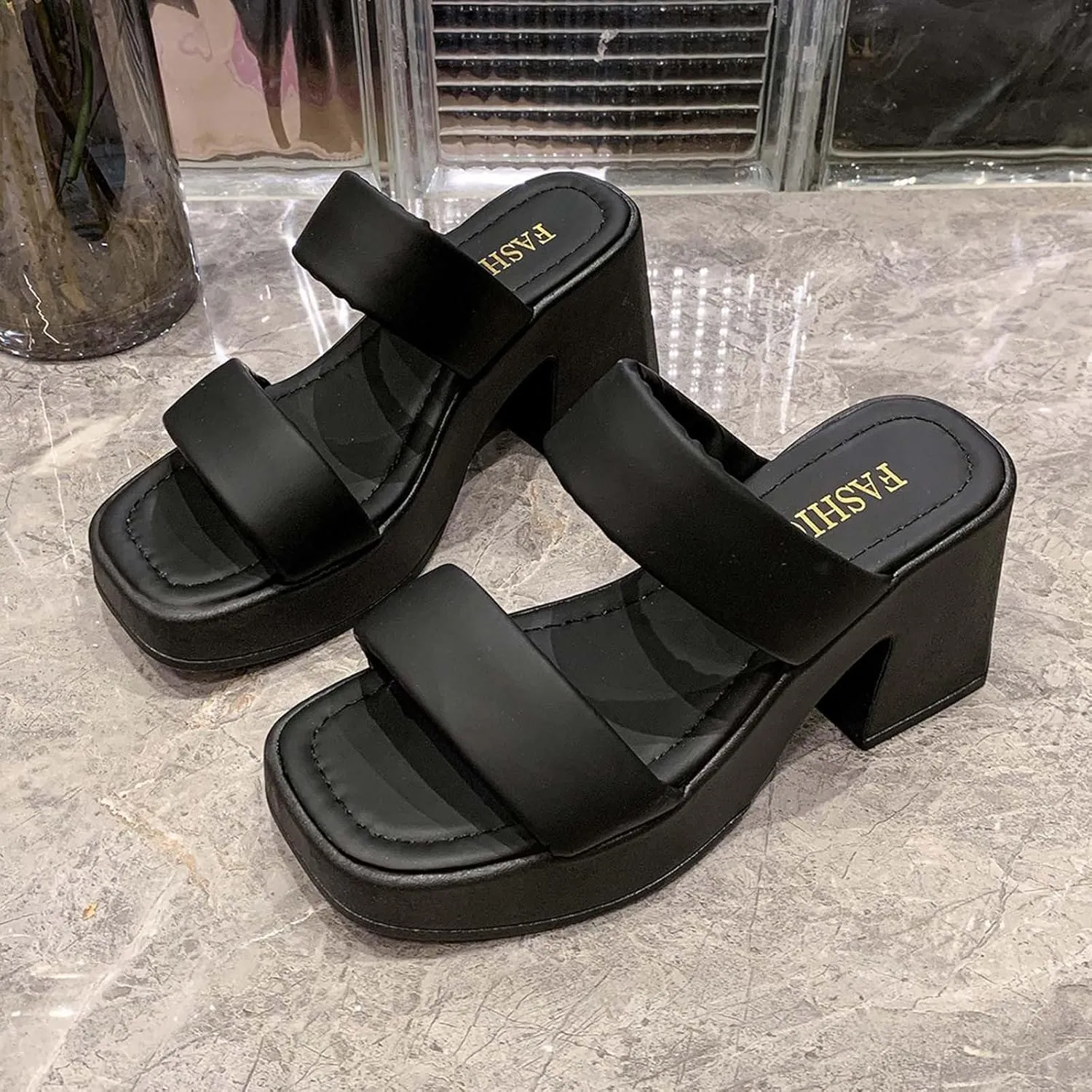 Women's Square Toe Two Strap High Heeled Sandals Chunky Platform Heels for Ladies Summer Comfort Slip on Block Heels