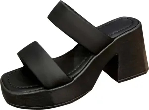 Women's Square Toe Two Strap High Heeled Sandals Chunky Platform Heels for Ladies Summer Comfort Slip on Block Heels