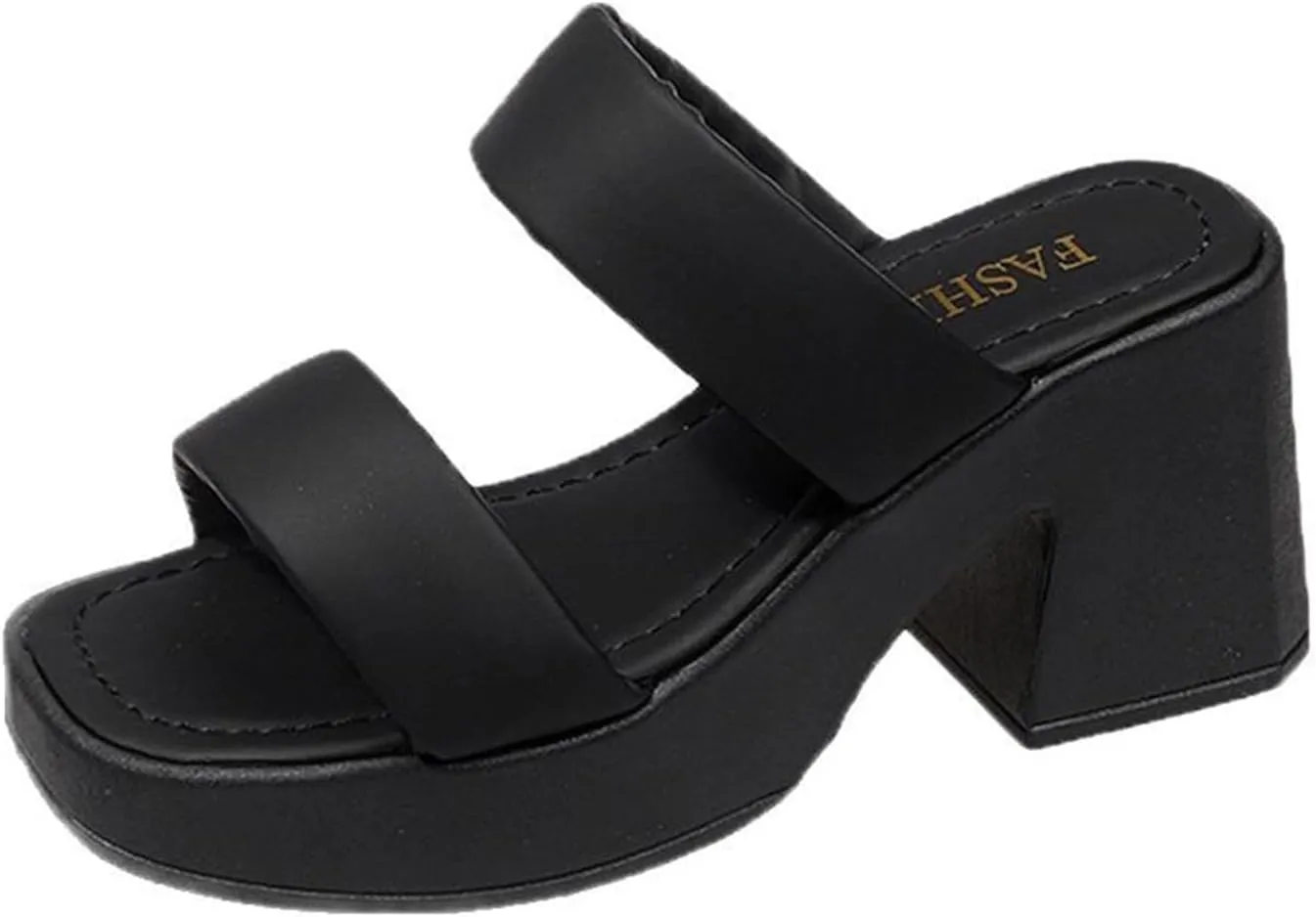 Women's Square Toe Two Strap High Heeled Sandals Chunky Platform Heels for Ladies Summer Comfort Slip on Block Heels