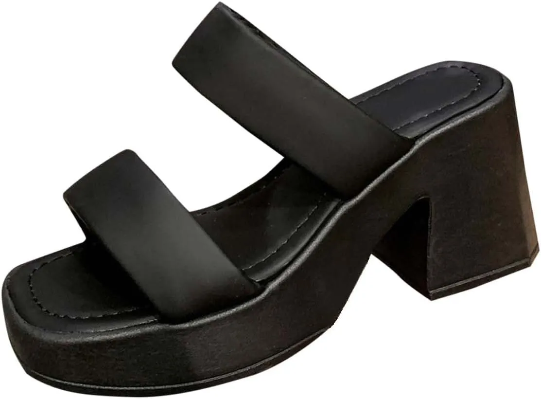 Women's Square Toe Two Strap High Heeled Sandals Chunky Platform Heels for Ladies Summer Comfort Slip on Block Heels