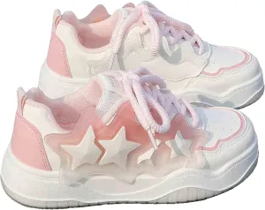 Women's Star Platform Sneakers with Star Design - Chunky White Casual Shoes for Spring, Non-Slip Student Walking Shoes