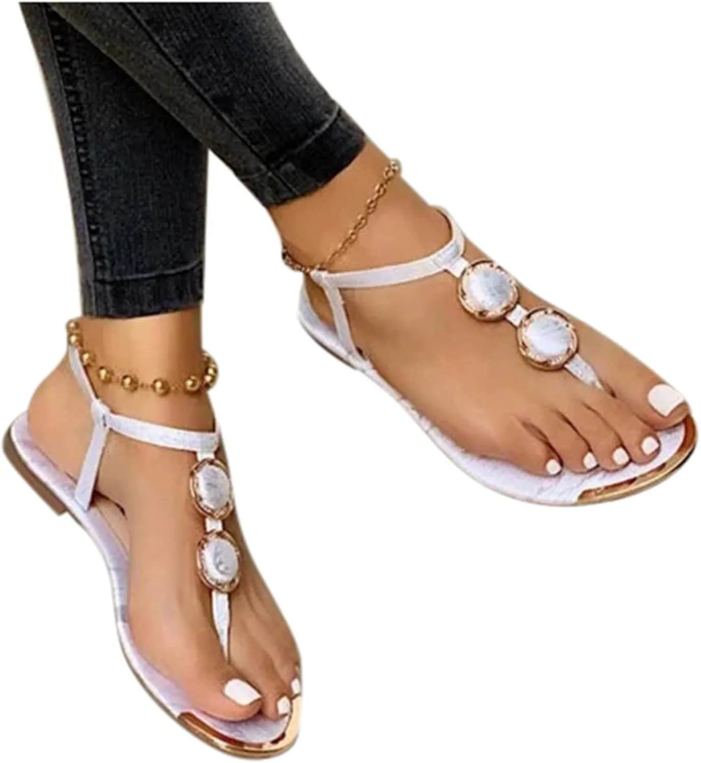 Women's Strappy Flat Sandals with Adjustable T-Straps String Thong Flats Summer Beach Sandal Fit for Comfortable Walk