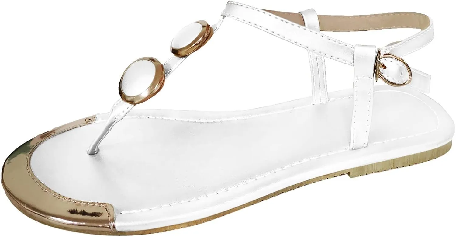 Women's Strappy Flat Sandals with Adjustable T-Straps String Thong Flats Summer Beach Sandal Fit for Comfortable Walk