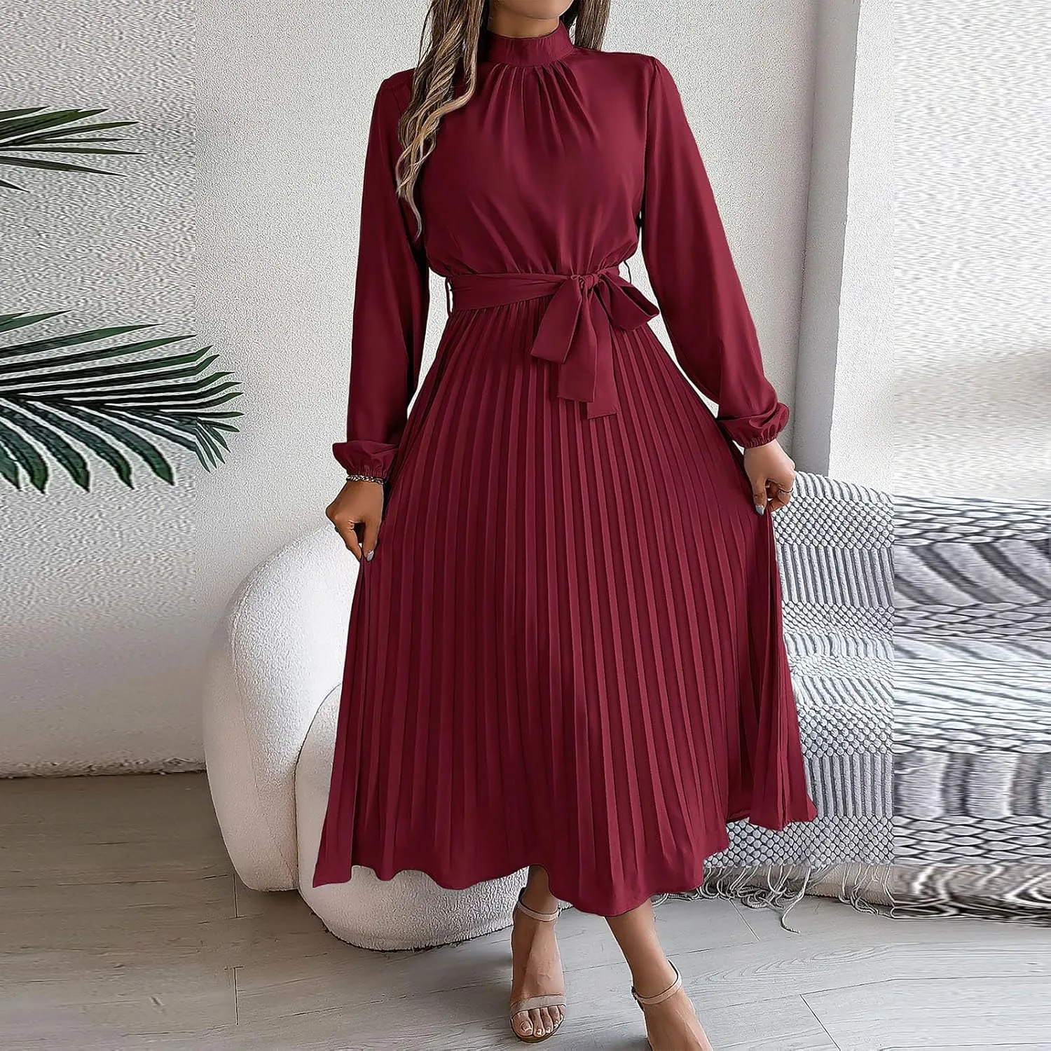 Womens Stylish Ruched Bodycon Mini Dress Pleated Tummy Control Long Sleeve Dresses Solid Tiered Flowy Party Dress