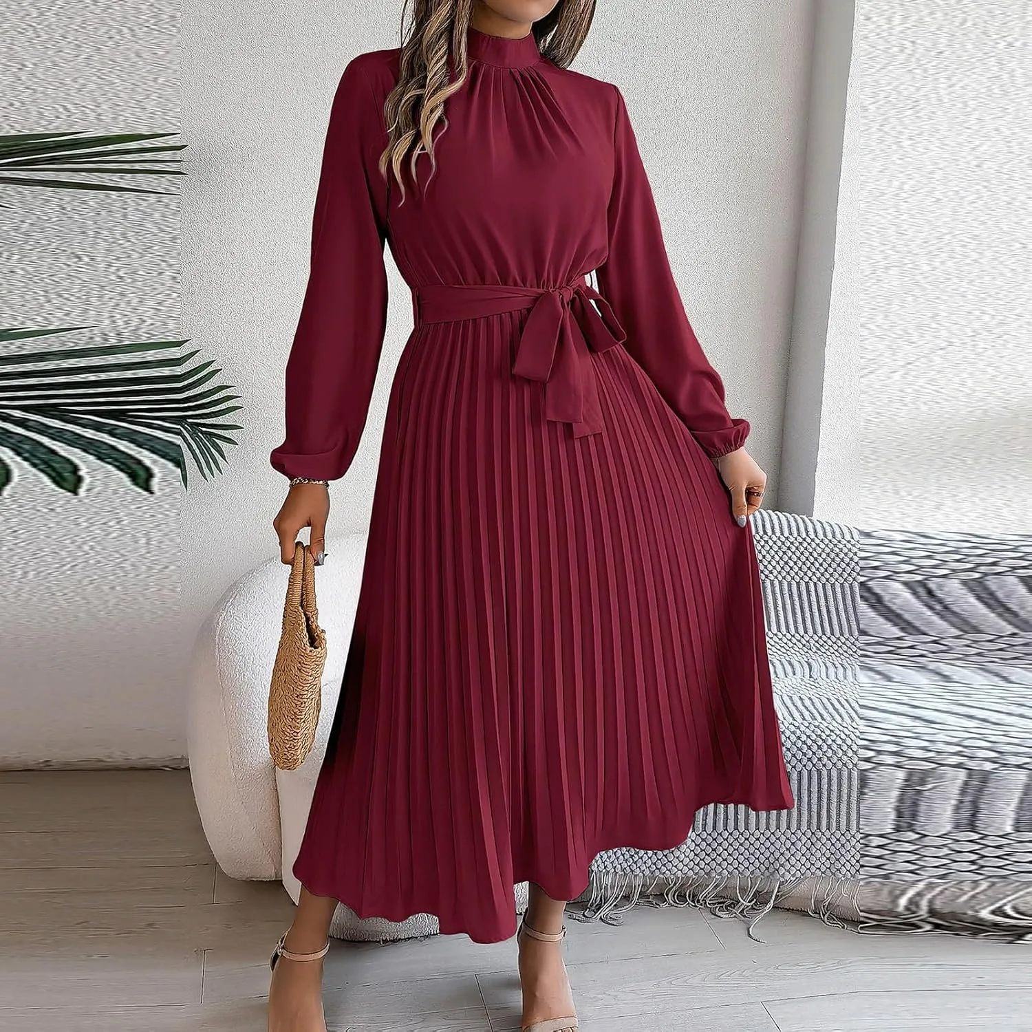 Womens Stylish Ruched Bodycon Mini Dress Pleated Tummy Control Long Sleeve Dresses Solid Tiered Flowy Party Dress