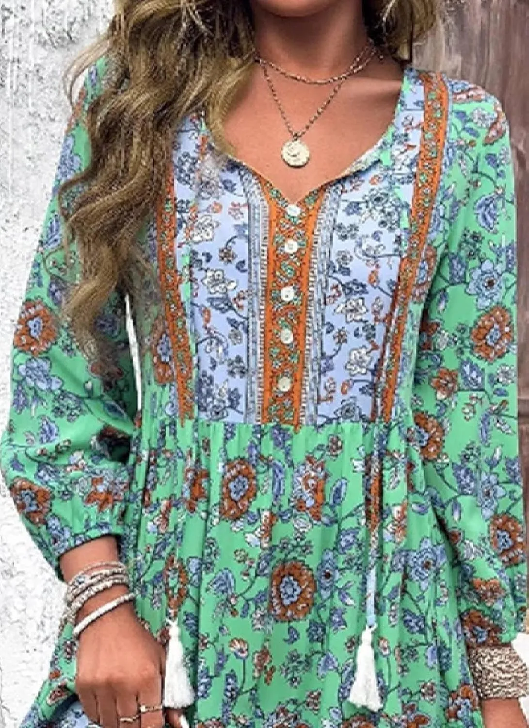 Womens Summer 2025 Long Sleeve Mini Dress V Neck Boho Floral Print Ruffles Hem Garden Party Dress