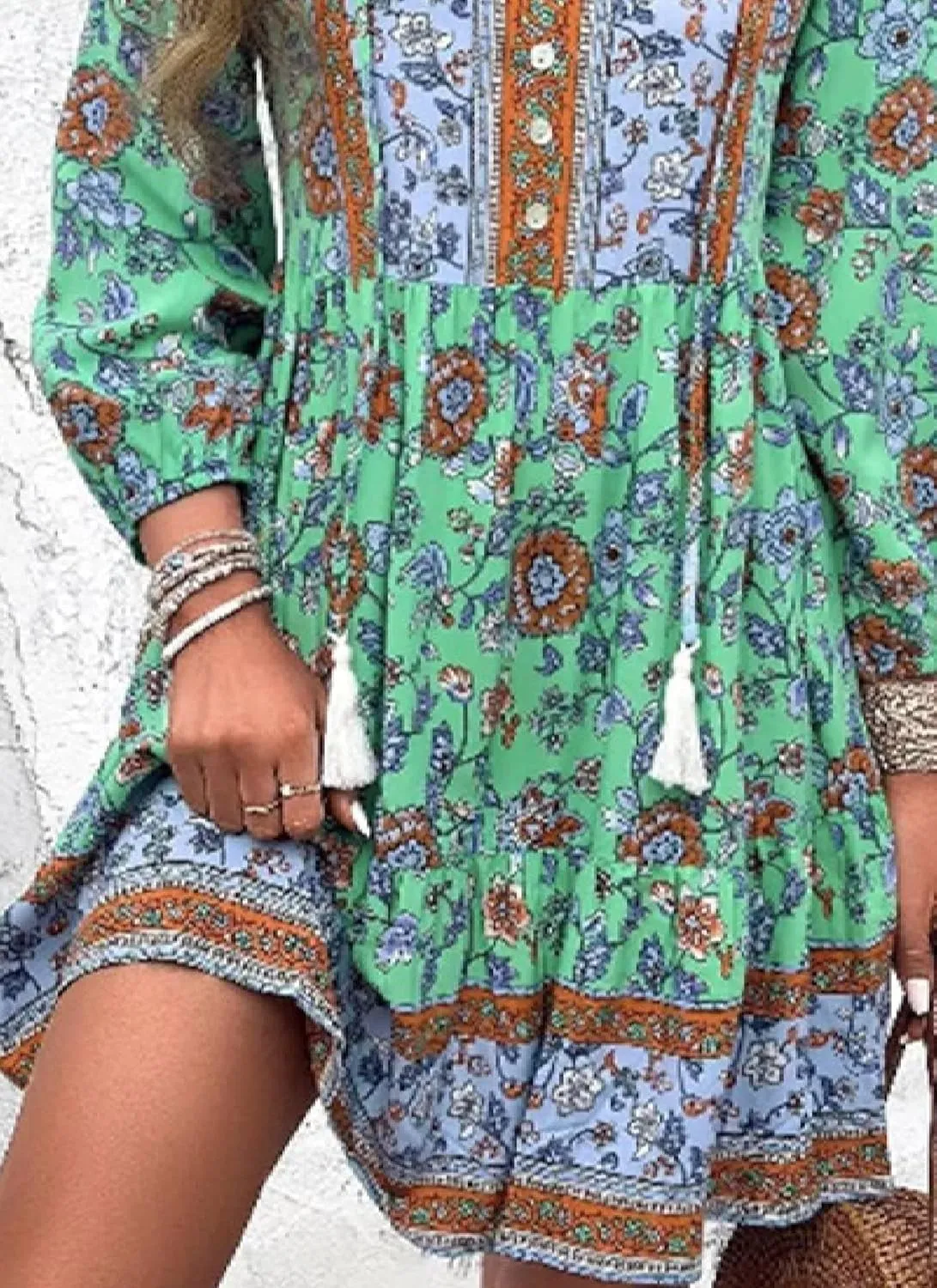 Womens Summer 2025 Long Sleeve Mini Dress V Neck Boho Floral Print Ruffles Hem Garden Party Dress