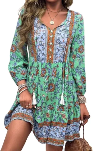 Womens Summer 2025 Long Sleeve Mini Dress V Neck Boho Floral Print Ruffles Hem Garden Party Dress