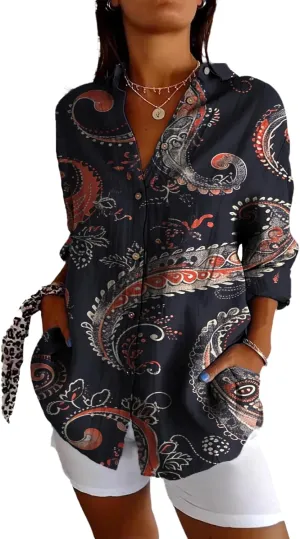 Womens Summer Blouses Long Sleeve Tops Dressy Casual Button Down Floral Printed Lightweight Business Work Shirts