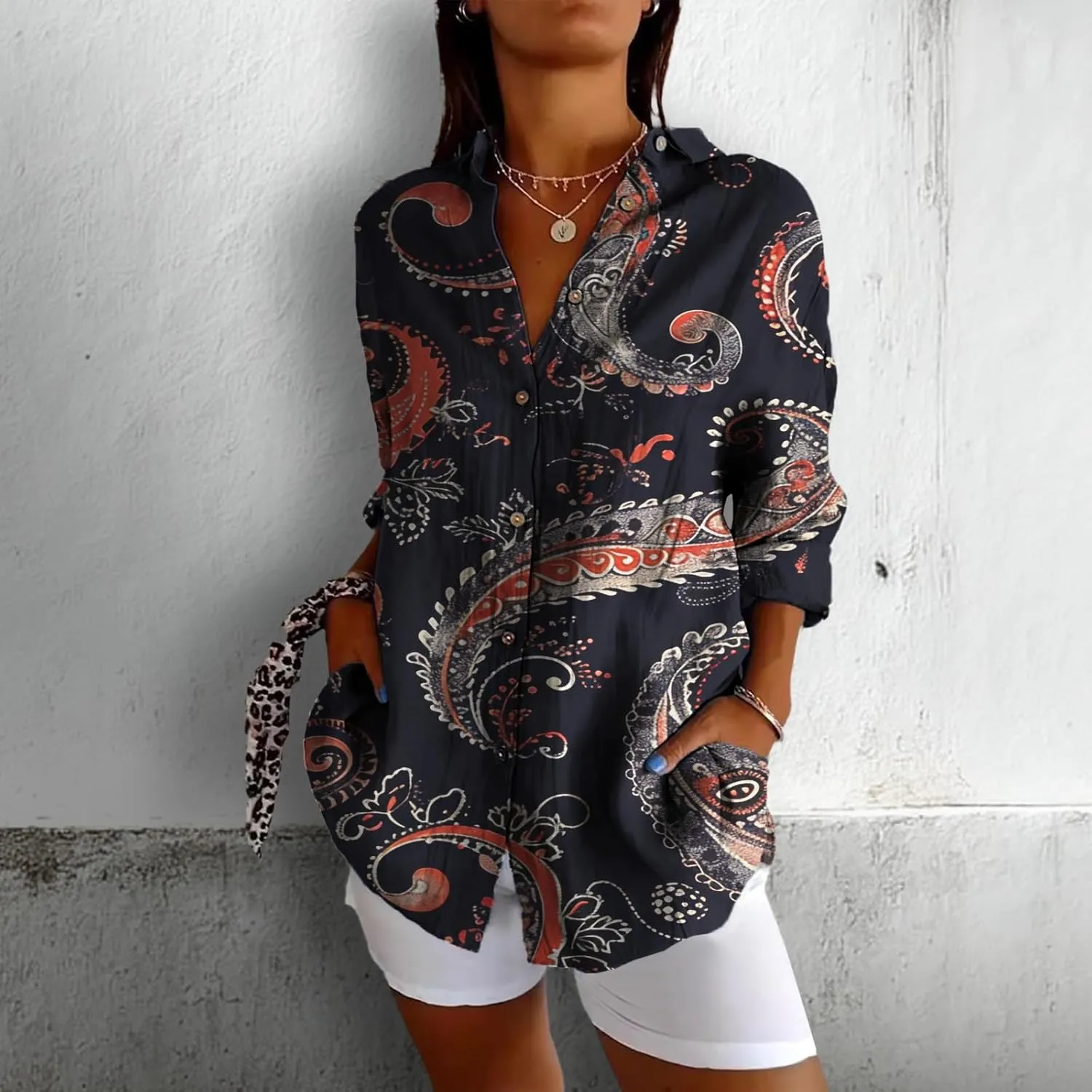 Womens Summer Blouses Long Sleeve Tops Dressy Casual Button Down Floral Printed Lightweight Business Work Shirts