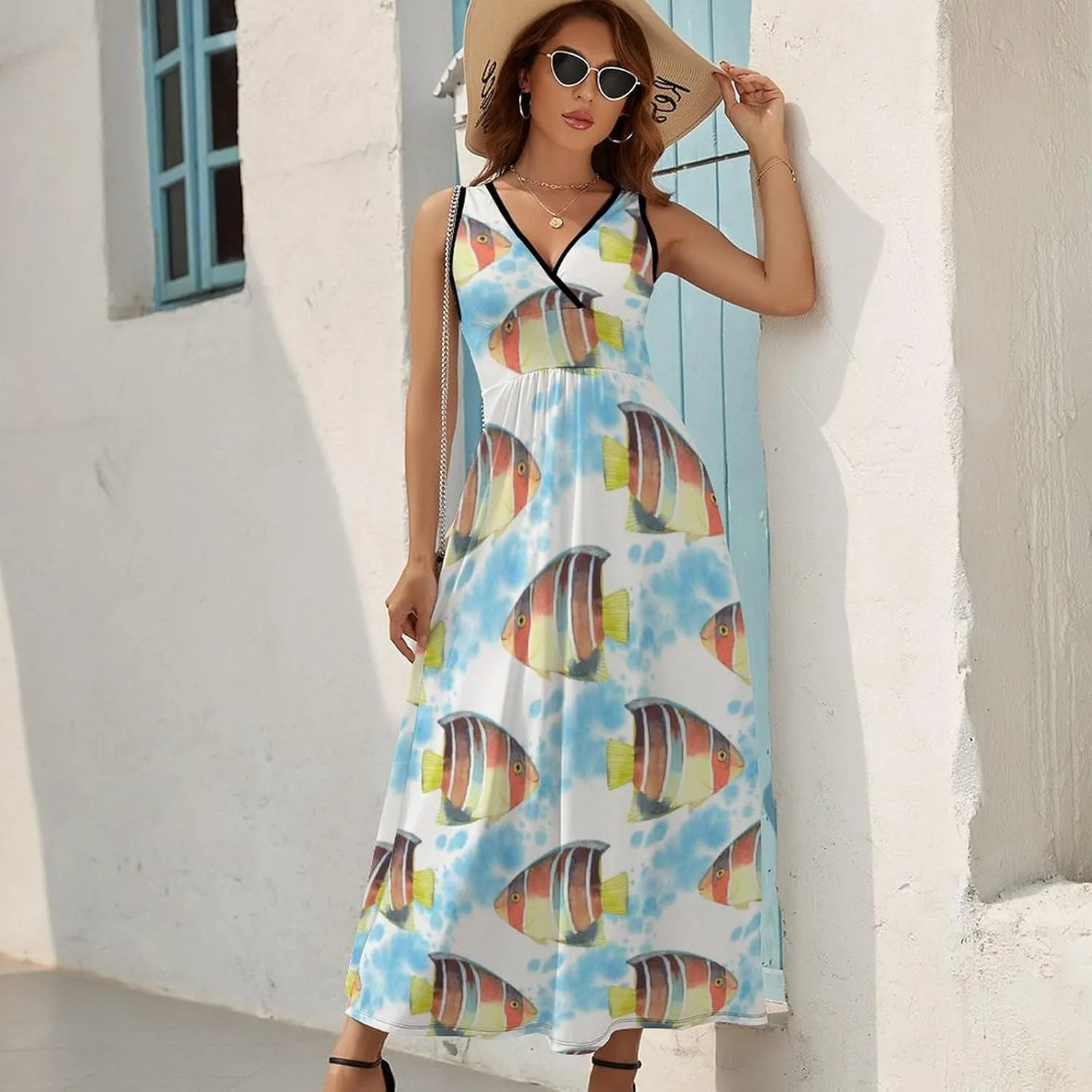 Womens Summer Maxi Dress Colorful Tropic Fish Sundress Casual Sleeveless Long Dress
