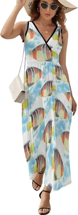 Womens Summer Maxi Dress Colorful Tropic Fish Sundress Casual Sleeveless Long Dress
