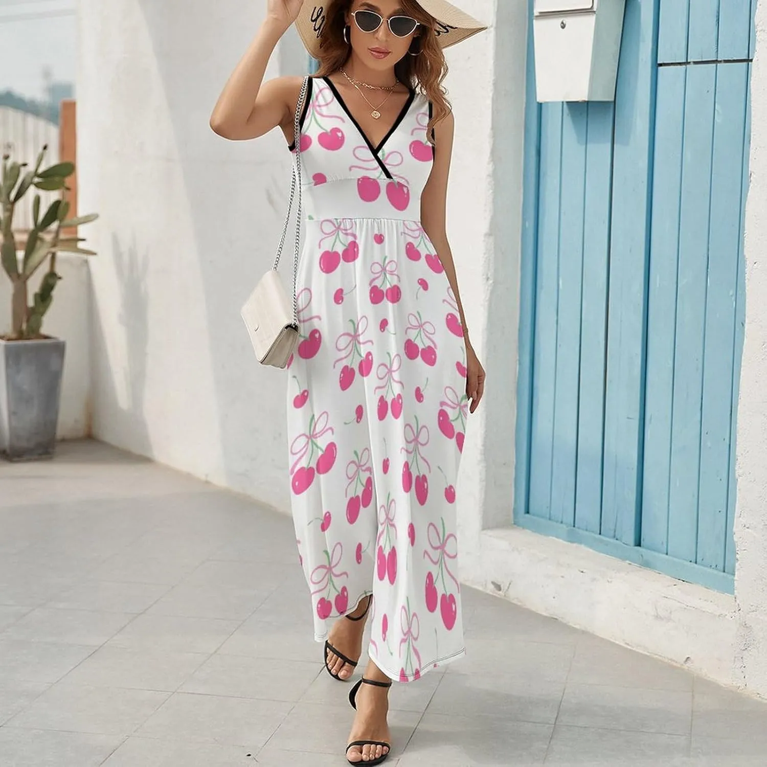 Womens Summer Maxi Dress Cute Pink Cherry Sundress Casual Sleeveless Long Dress