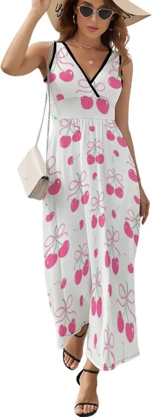 Womens Summer Maxi Dress Cute Pink Cherry Sundress Casual Sleeveless Long Dress