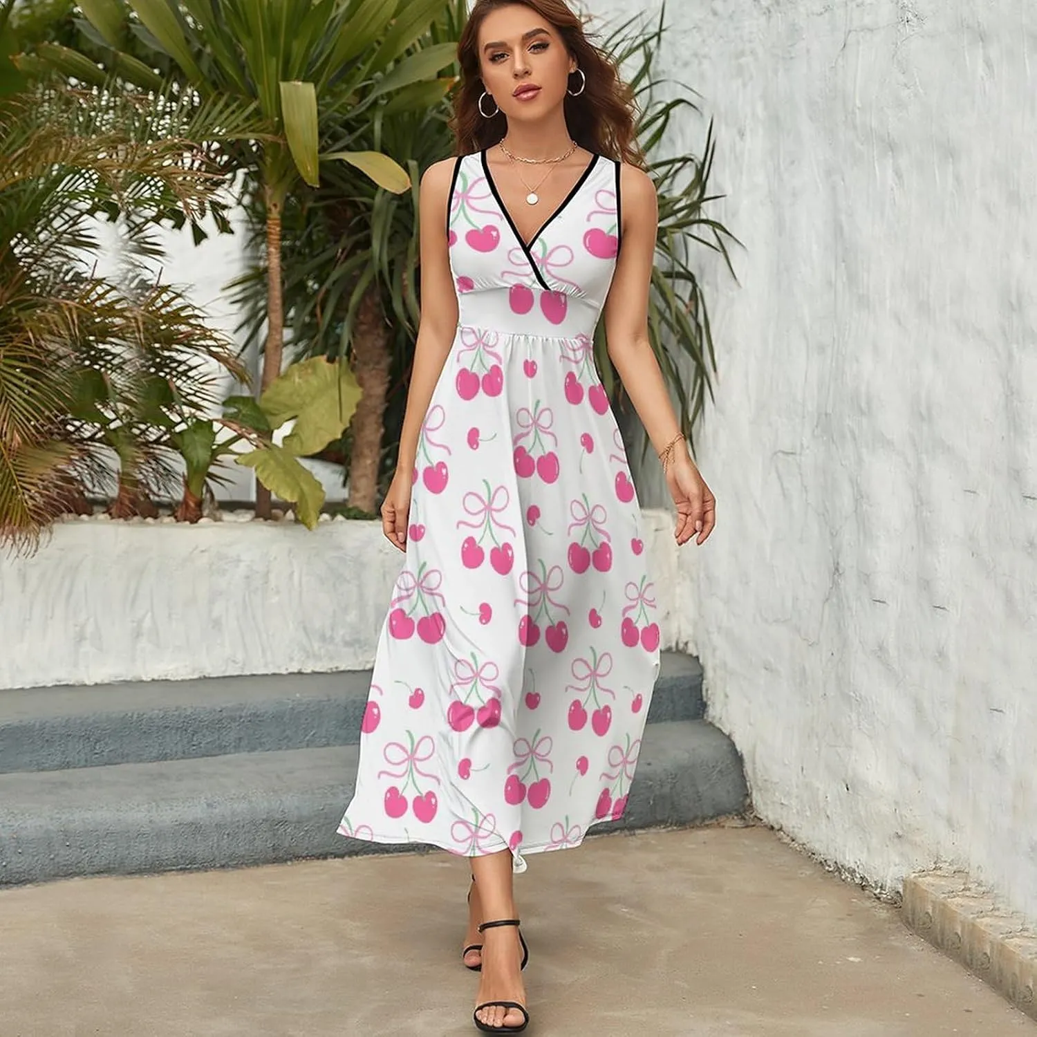 Womens Summer Maxi Dress Cute Pink Cherry Sundress Casual Sleeveless Long Dress