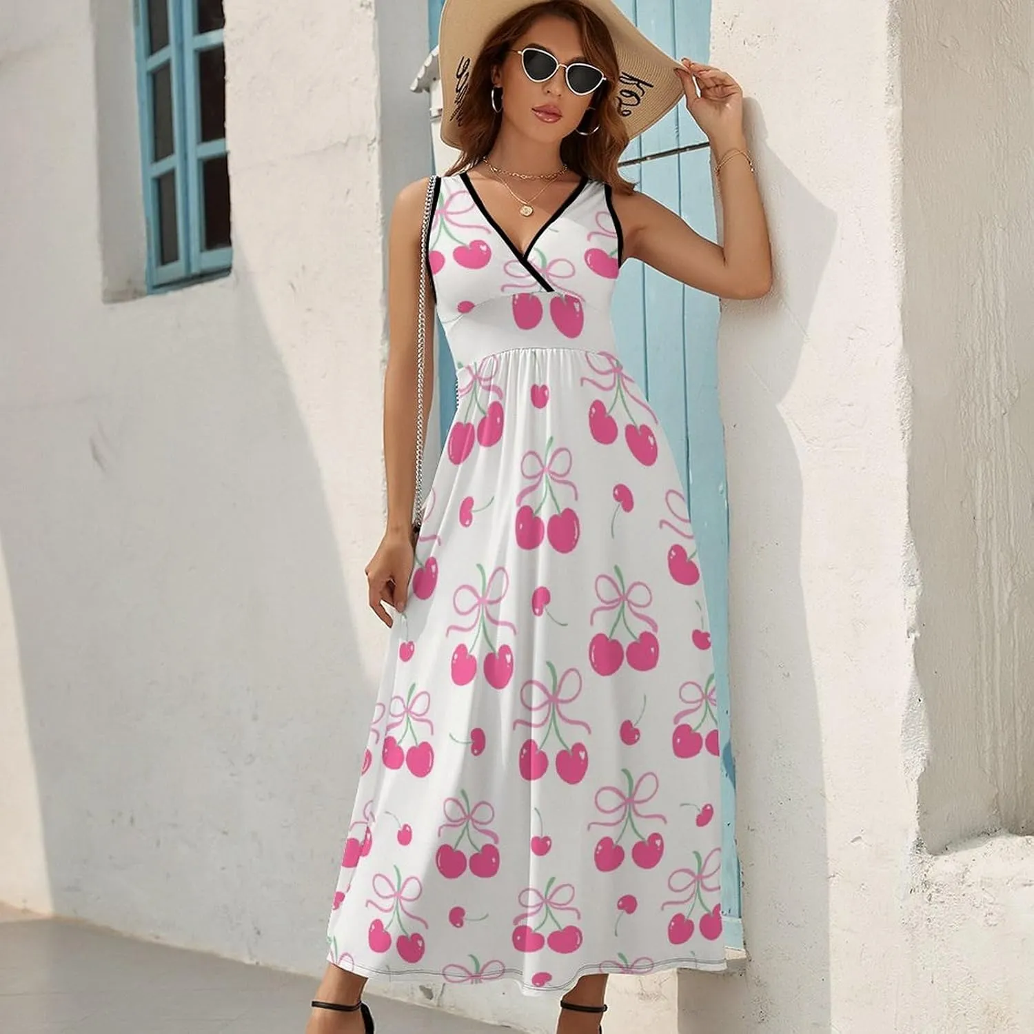 Womens Summer Maxi Dress Cute Pink Cherry Sundress Casual Sleeveless Long Dress