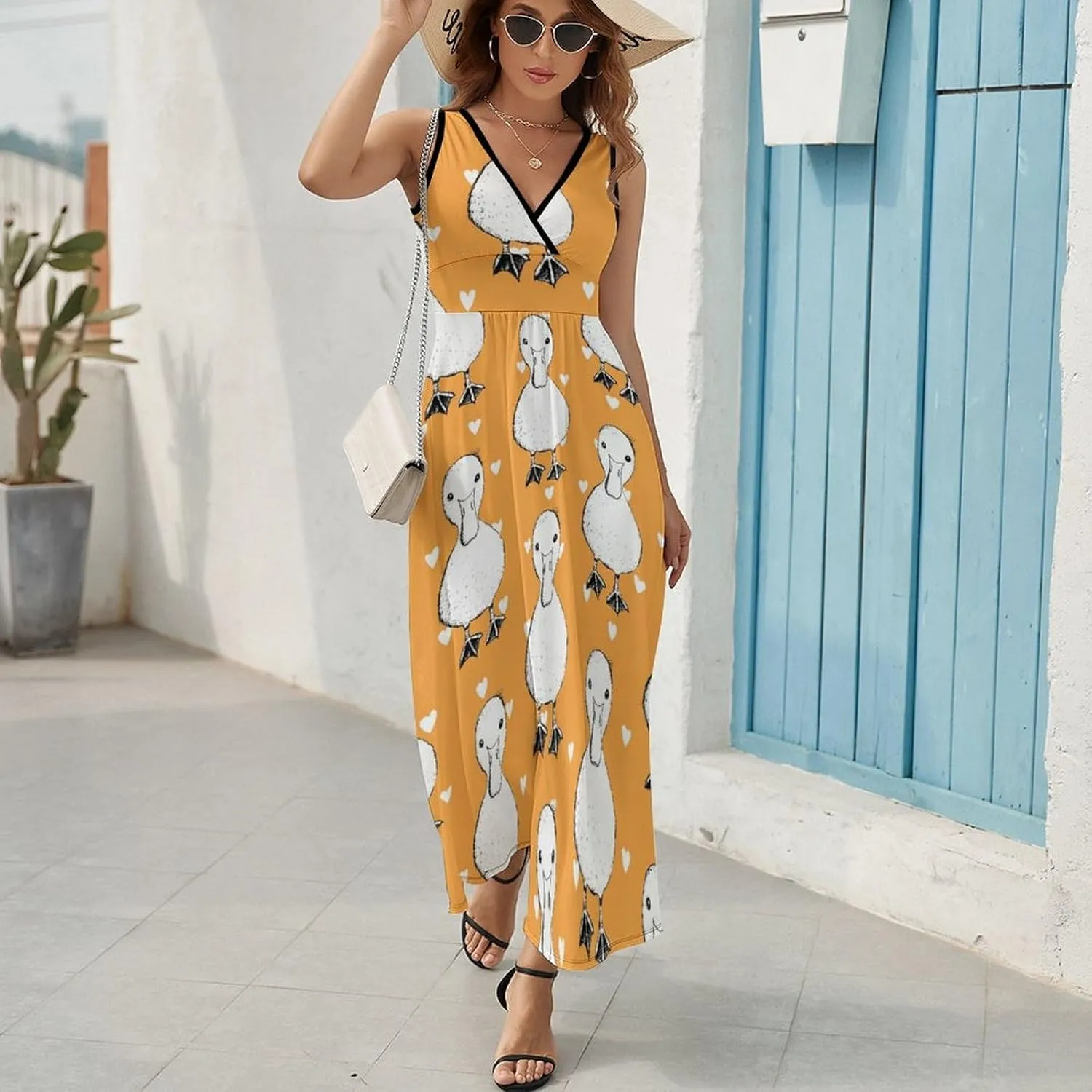 Womens Summer Maxi Dress Funny Birds Flowers Sundress Casual Sleeveless Long Dress
