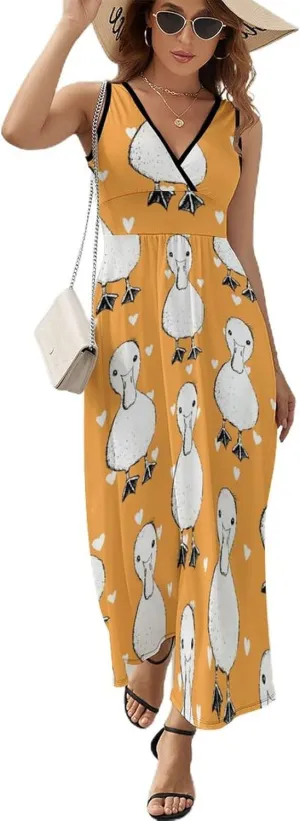 Womens Summer Maxi Dress Funny Birds Flowers Sundress Casual Sleeveless Long Dress