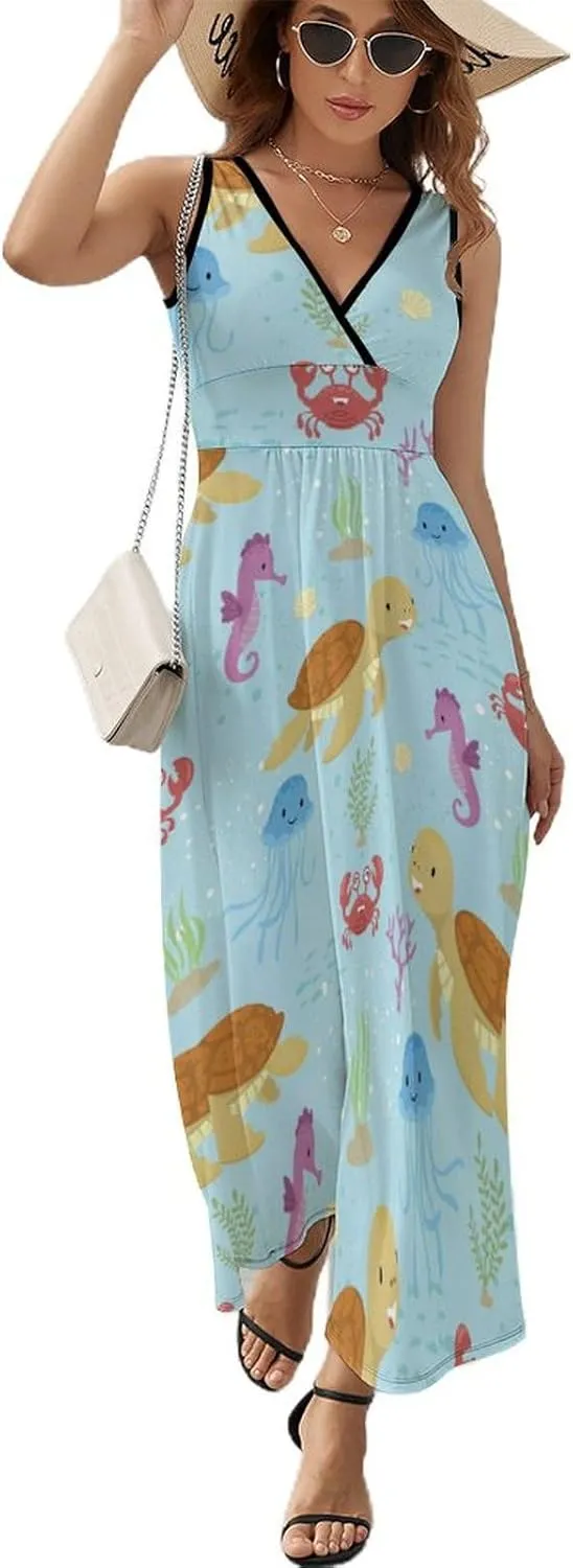 Womens Summer Maxi Dress Funny Marine Animals Sundress Casual Sleeveless Long Dress