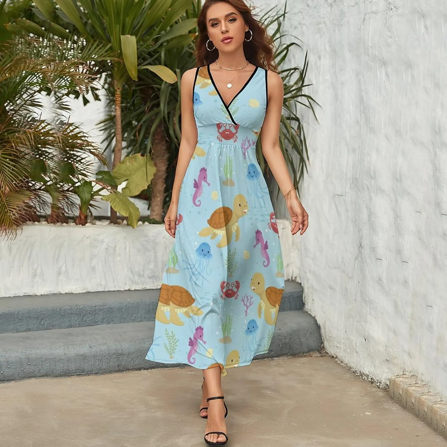 Womens Summer Maxi Dress Funny Marine Animals Sundress Casual Sleeveless Long Dress