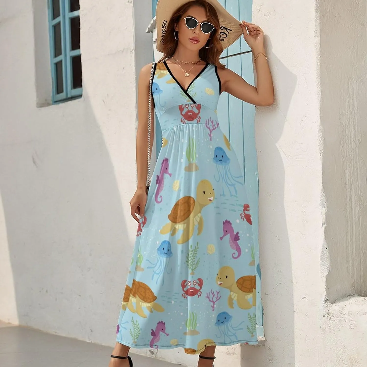 Womens Summer Maxi Dress Funny Marine Animals Sundress Casual Sleeveless Long Dress