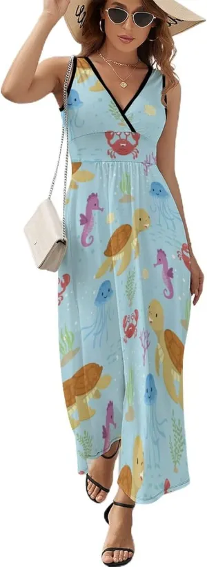 Womens Summer Maxi Dress Funny Marine Animals Sundress Casual Sleeveless Long Dress