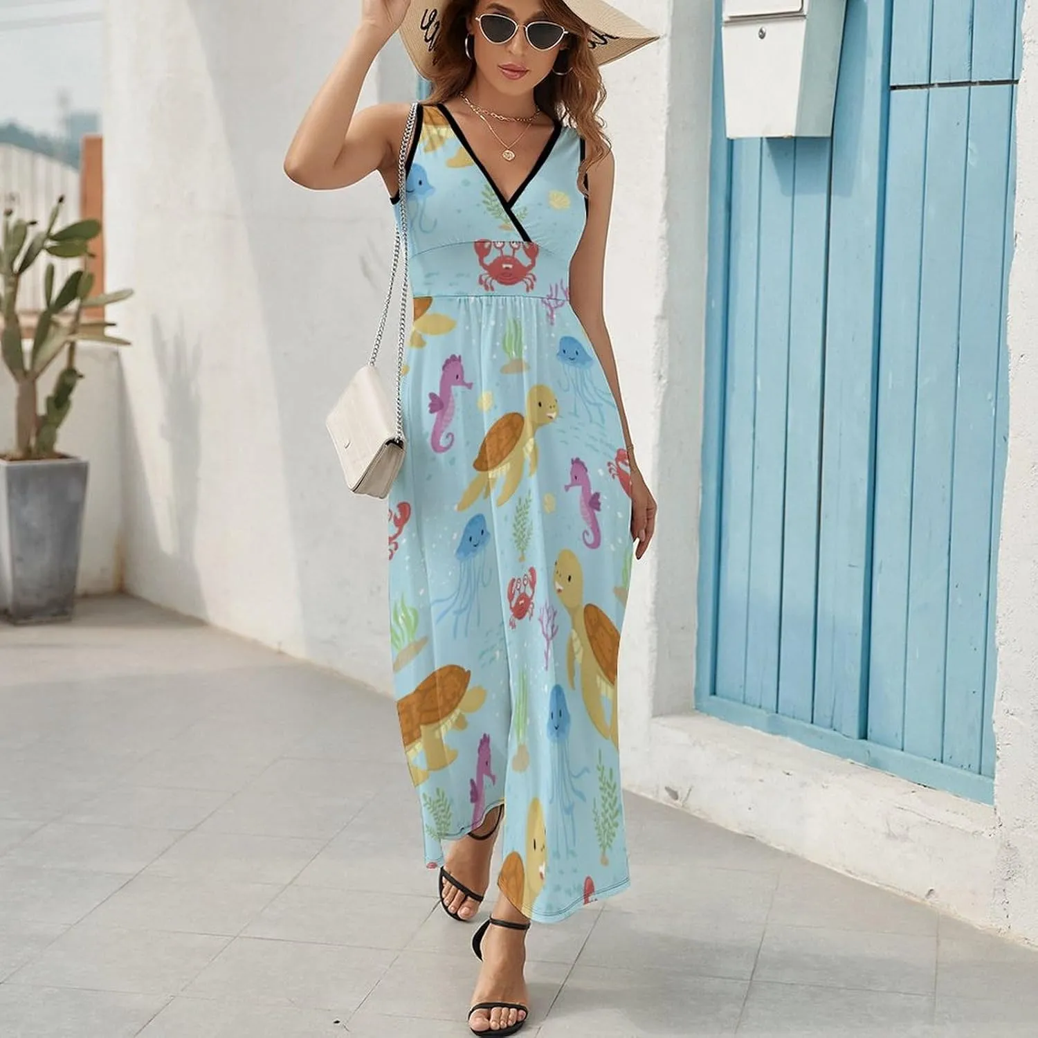 Womens Summer Maxi Dress Funny Marine Animals Sundress Casual Sleeveless Long Dress