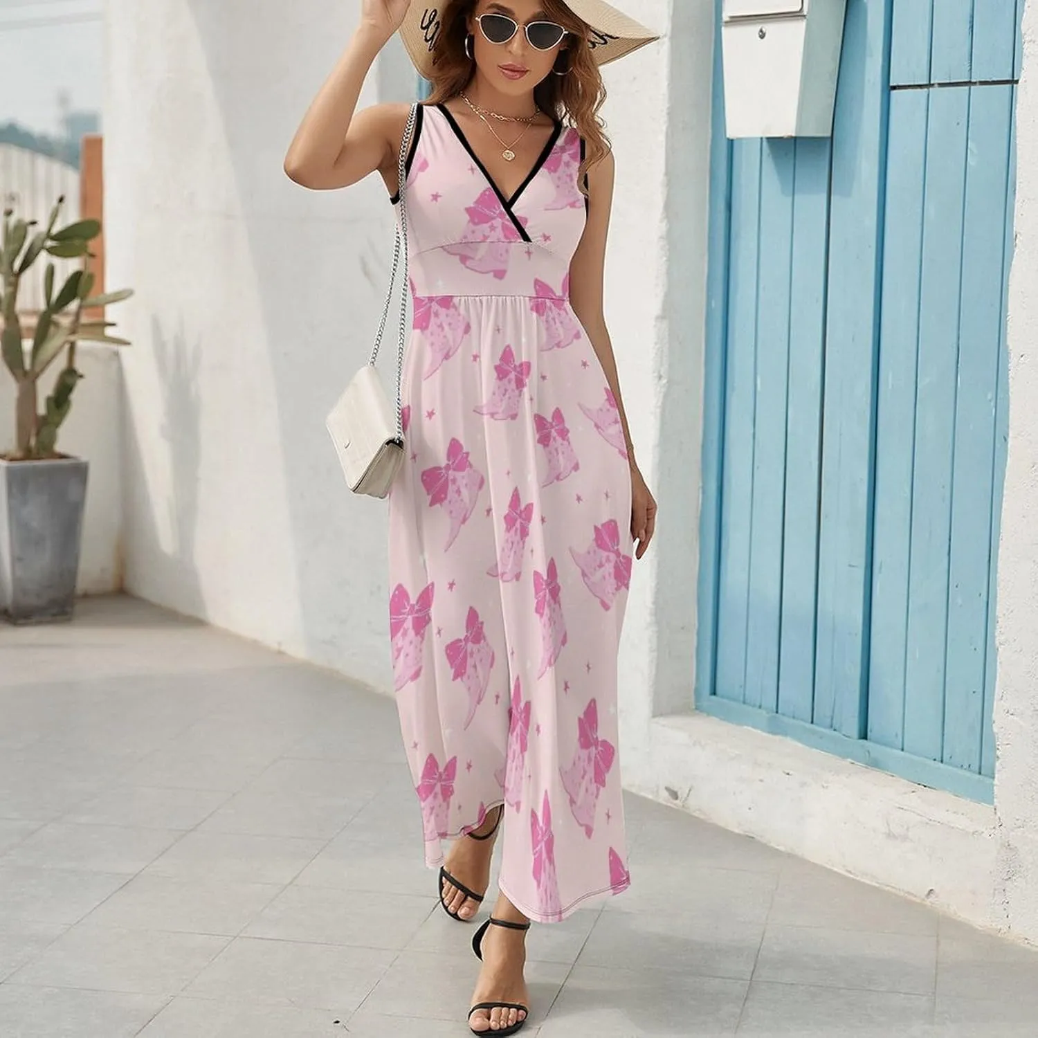 Womens Summer Maxi Dress Groovy Cowgirl Boots Sundress Casual Sleeveless Long Dress