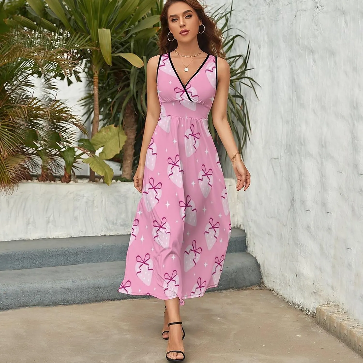 Womens Summer Maxi Dress Heart Strawberries Bows Sundress Casual Sleeveless Long Dress