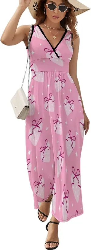 Womens Summer Maxi Dress Heart Strawberries Bows Sundress Casual Sleeveless Long Dress
