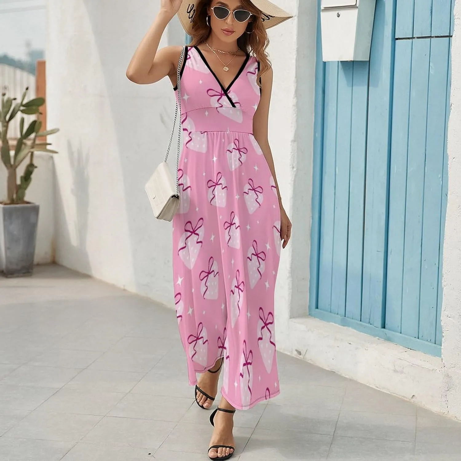 Womens Summer Maxi Dress Heart Strawberries Bows Sundress Casual Sleeveless Long Dress