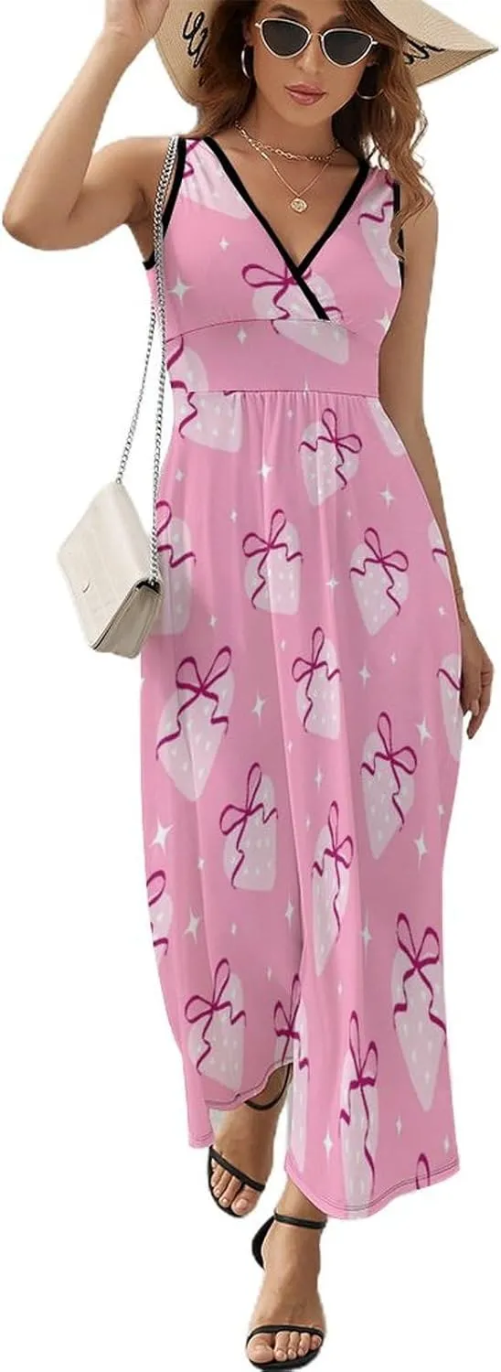 Womens Summer Maxi Dress Heart Strawberries Bows Sundress Casual Sleeveless Long Dress