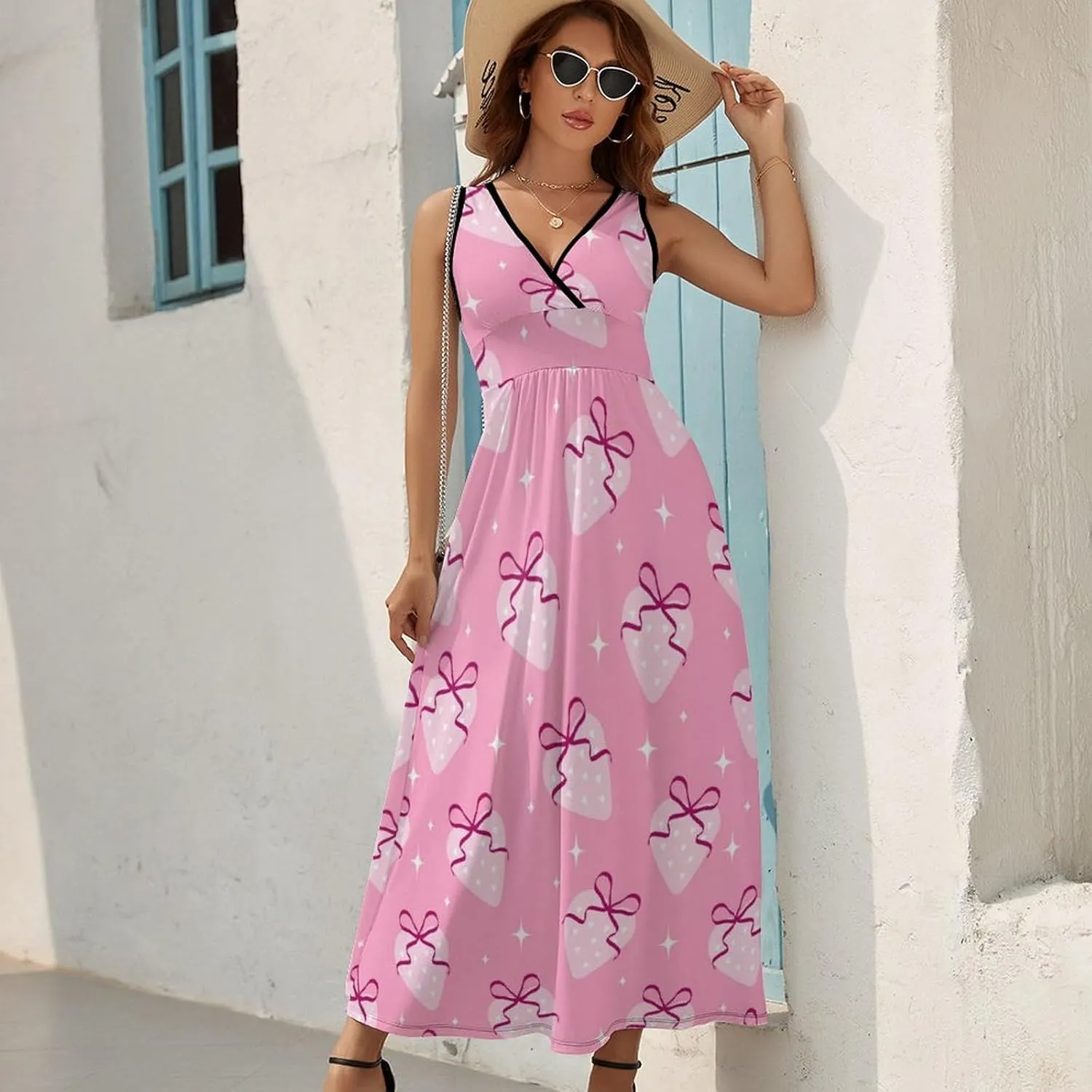 Womens Summer Maxi Dress Heart Strawberries Bows Sundress Casual Sleeveless Long Dress