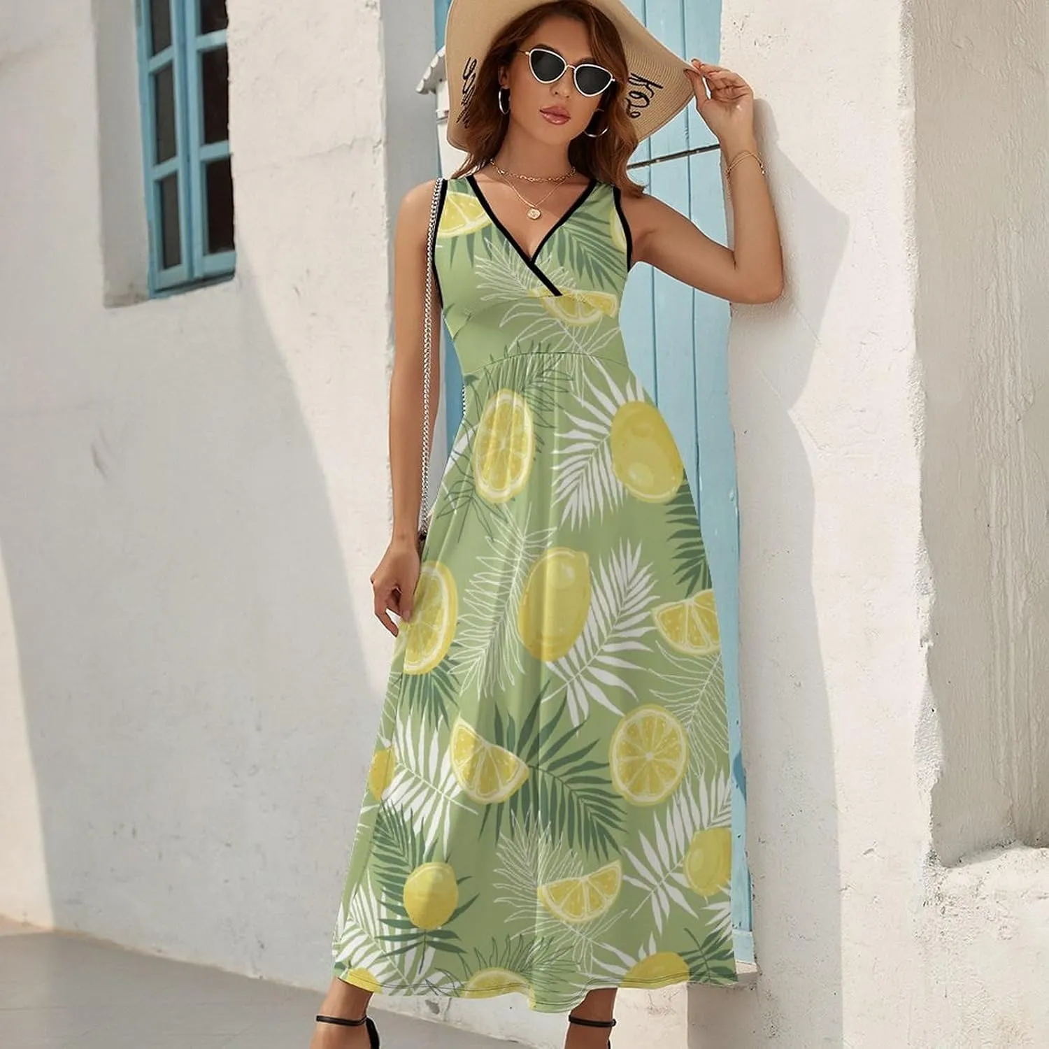 Womens Summer Maxi Dress Lemons Palm Leaves Sundress Casual Sleeveless Long Dress