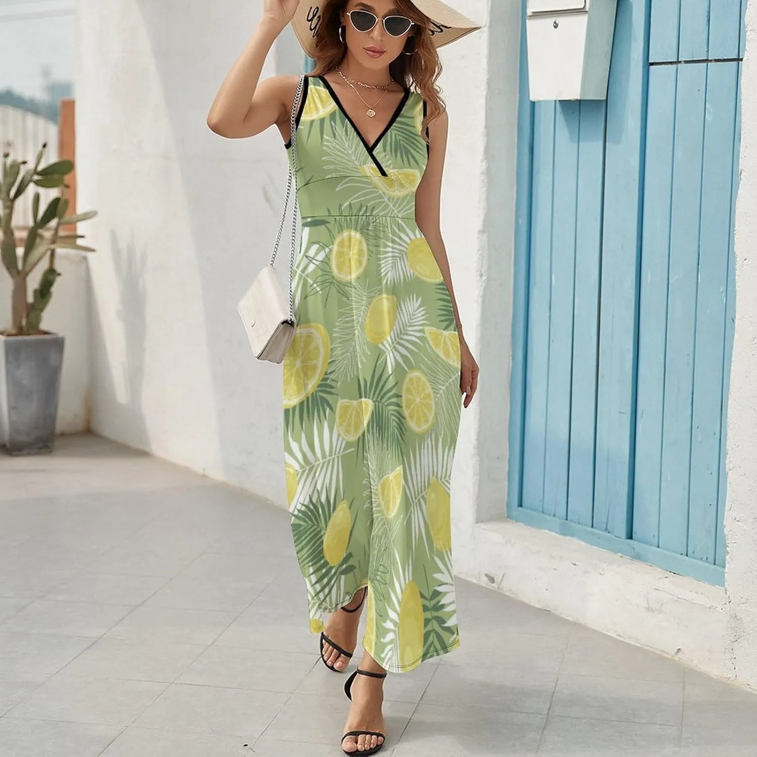 Womens Summer Maxi Dress Lemons Palm Leaves Sundress Casual Sleeveless Long Dress