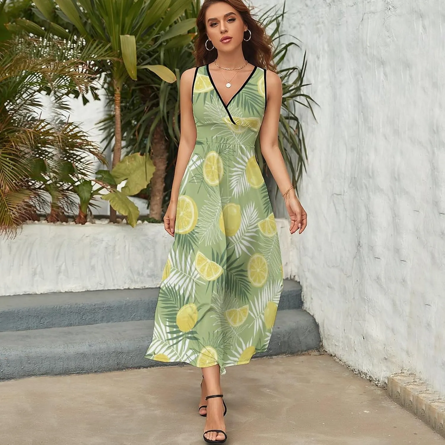 Womens Summer Maxi Dress Lemons Palm Leaves Sundress Casual Sleeveless Long Dress