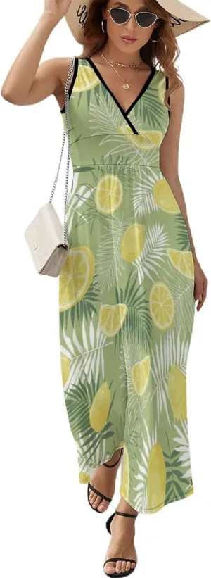 Womens Summer Maxi Dress Lemons Palm Leaves Sundress Casual Sleeveless Long Dress
