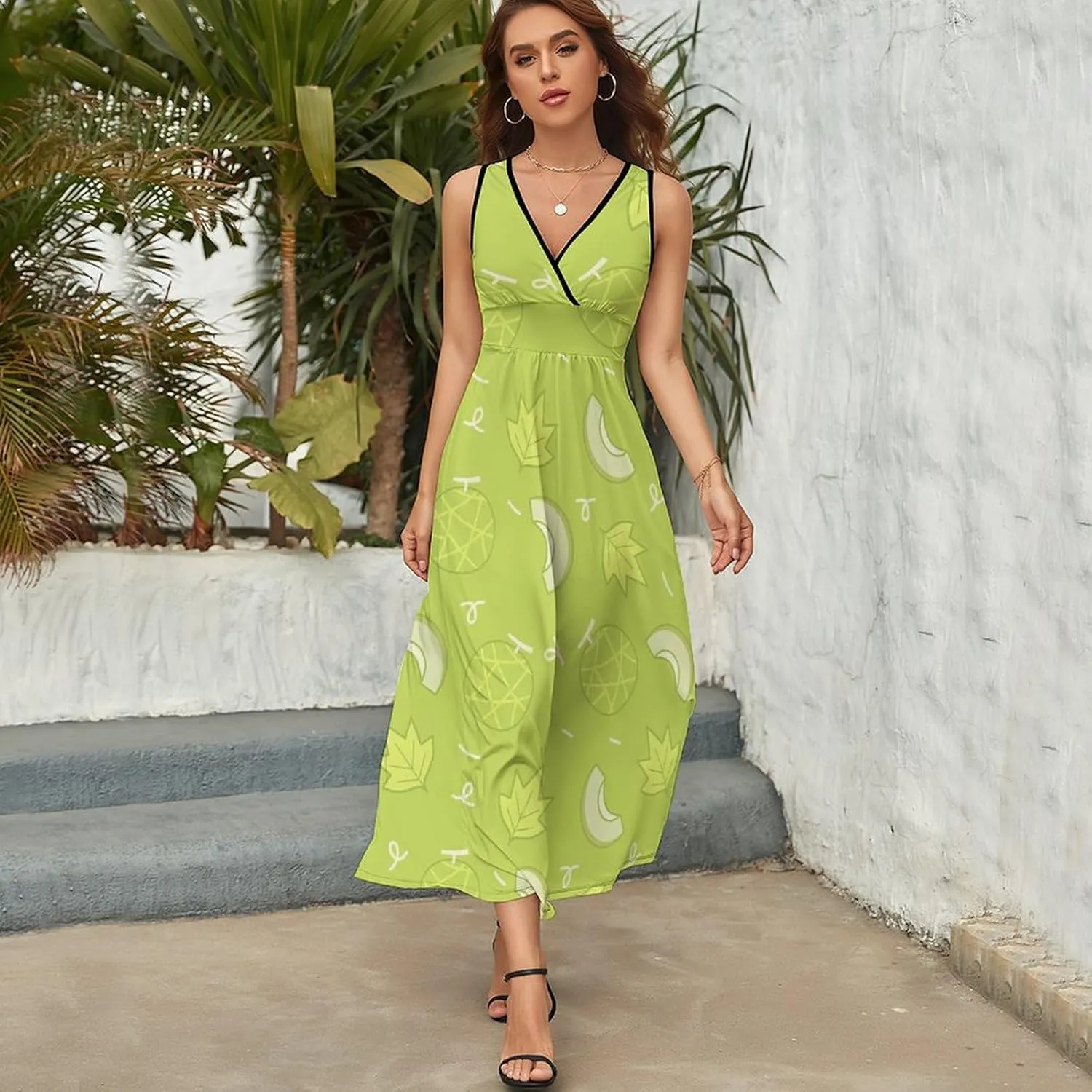 Womens Summer Maxi Dress Melon Pattern Sundress Casual Sleeveless Long Dress