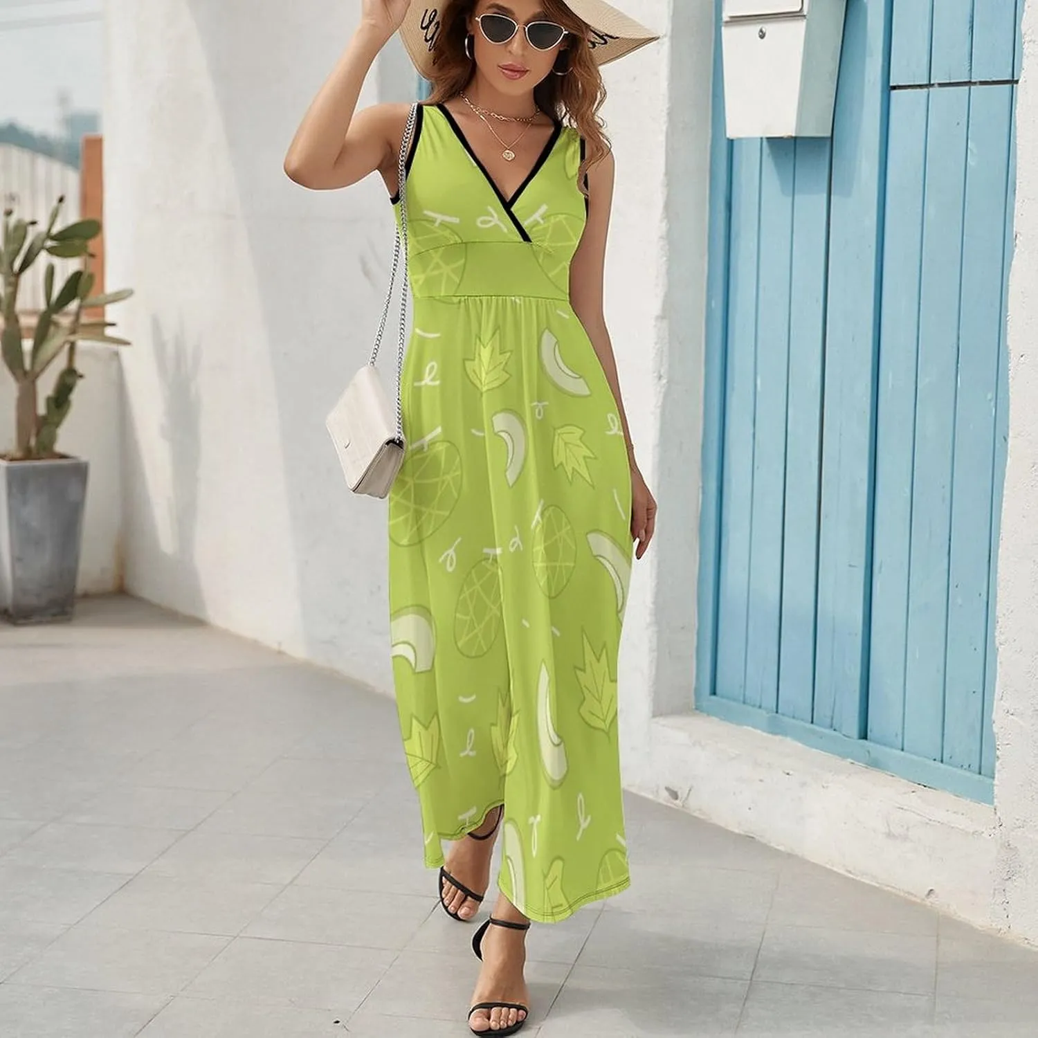 Womens Summer Maxi Dress Melon Pattern Sundress Casual Sleeveless Long Dress