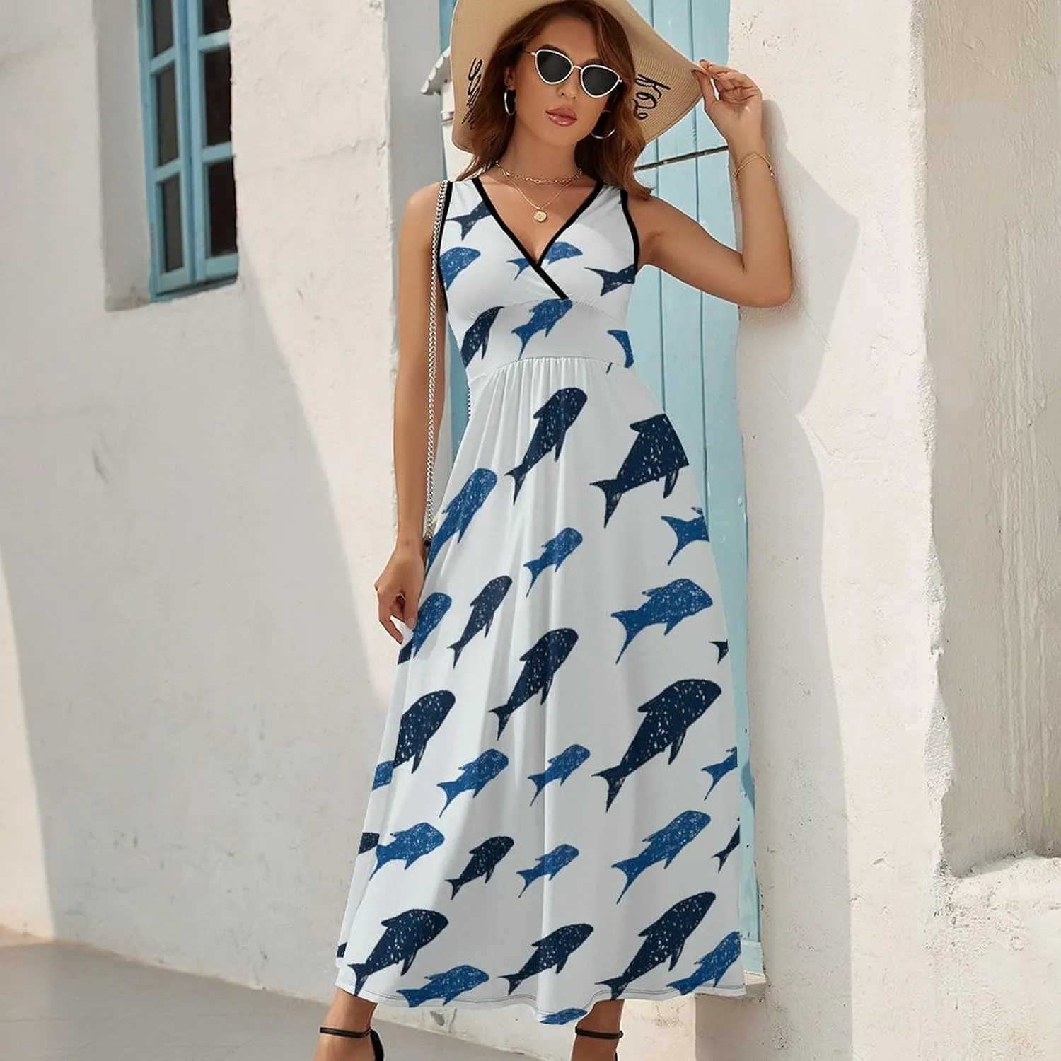 Womens Summer Maxi Dress Ocean Blue Fish Sundress Casual Sleeveless Long Dress