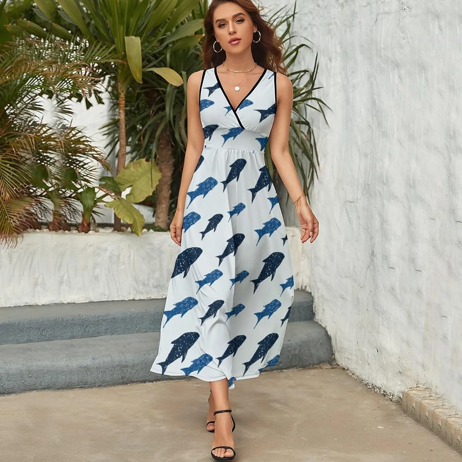 Womens Summer Maxi Dress Ocean Blue Fish Sundress Casual Sleeveless Long Dress